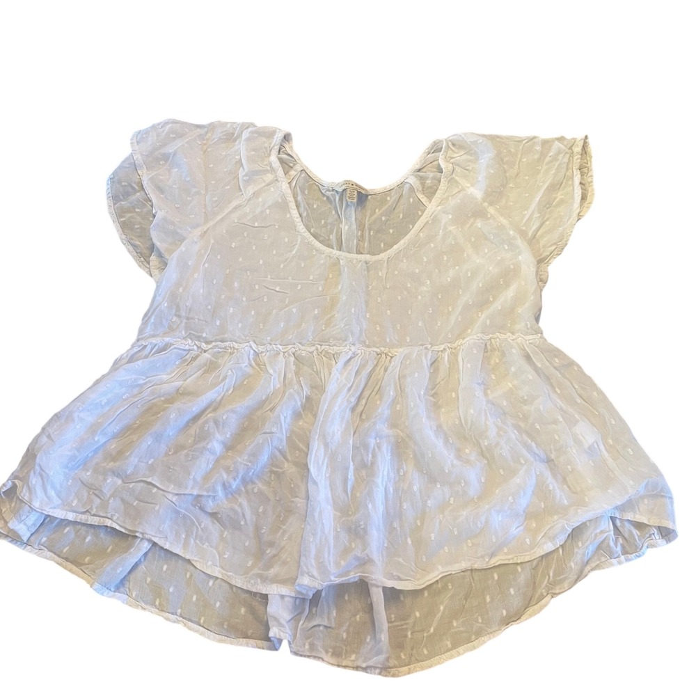 Lucky Brand White Swiss Dot‎ Babydoll Top Short Flutter Sleeve Scoop Neck Small